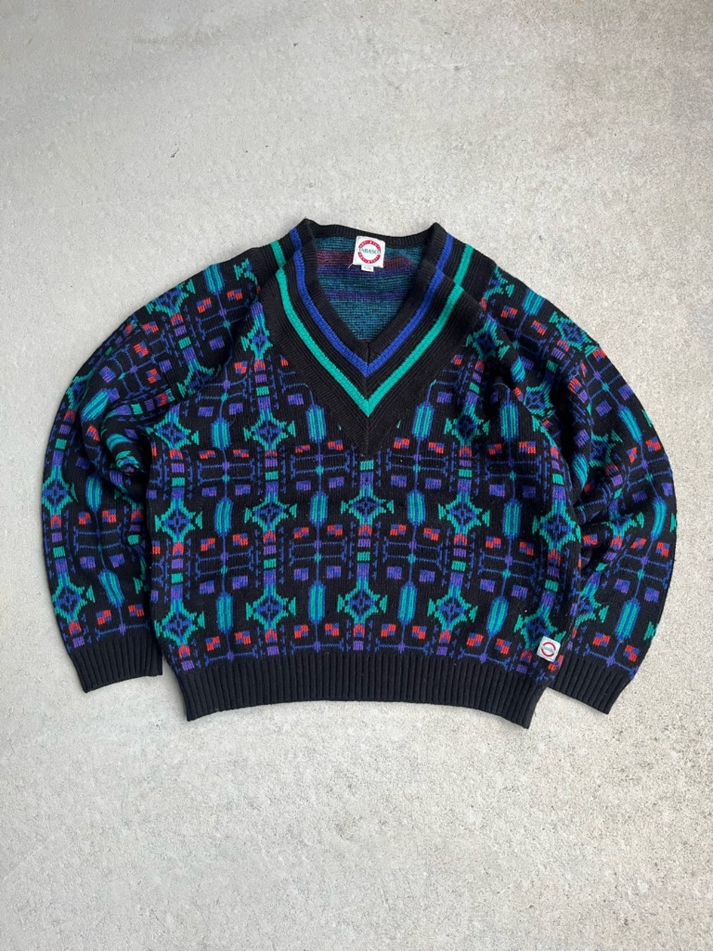 Tabasco Men's Black V-Neck Sweater with Teal, Purple & Red Pattern